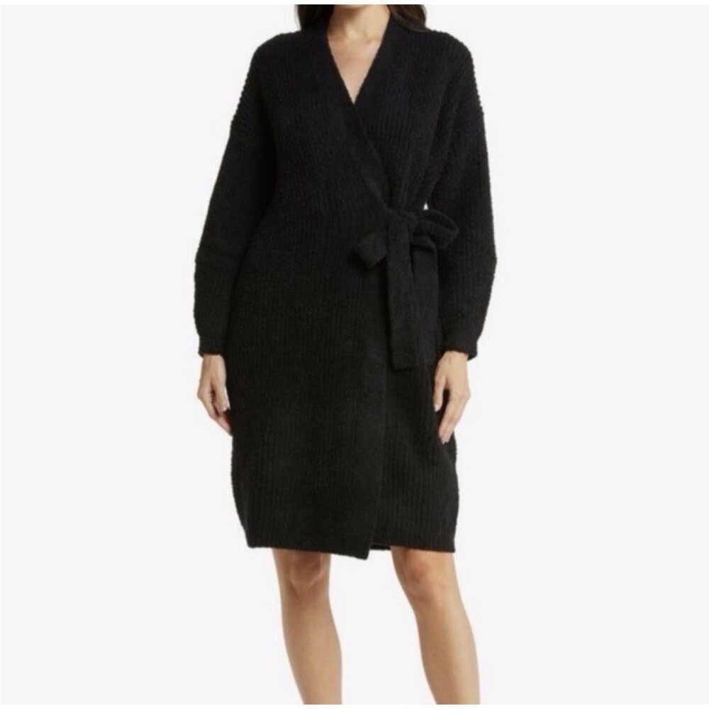 Barefoot Dreams CozyChic Robe Black Medium Side Belted Attached Belt
